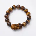 Grade A natural 14mm brown tiger eye stone beaded bracelet with carved PiXiu charm - 12mm Bead And Pixiu
