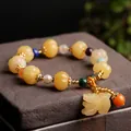 Ethnic golden silk jade bracelet with pumpkin beads and lucky Pixiu pendant charm - Pumpkin Bead With Pixiu
