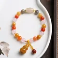 Ethnic style yellow jadeite bracelet with multi-color beads and a lucky gourd pendant - Round Beads with Gourd Pendant
