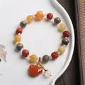 Retro ethnic beaded bracelet featuring colorful pumpkin-shaped jade beads and ruyi pendant - Golden Silk Jade Lotus Bead Peace Lock