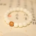 Natural Bodhi root beaded bracelet with cream white pearls and amber accent bead - Weathered Bodhi Style