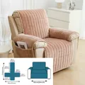 Plush coral pink quilted recliner sofa cover with side pockets and size diagram - Brown