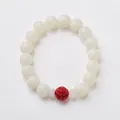 Natural bodhi root bracelet with 16 white beads and a red carved lion head charm - Pixiu Style / White Red