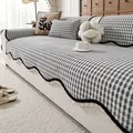 Modern black and white checkered chenille sofa cover with ruffled edges and wave trim - 70*70cm / Gray