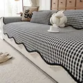 Minimalist black and white checkerboard chenille sofa cover with ruffled edges and cushions - 70*70cm / Black