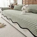 Green and white checkered chenille sofa cover with wavy black and white fringe trim - 70*70cm / Green