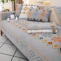 Chenille bohemian sofa cover with orange and teal geometric star patterns on grey fabric - 70*70cm / Light Gray