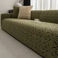 Fleece stretch sofa cover with olive green geometric diamond and floral jacquard pattern - Floral Pattern - Green