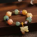 Natural pumpkin-shaped jade beads bracelet with multicolor stones and lucky beast charm - Pumpkin Bead Bell With Pixiu