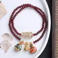 Pulsera de granate de doble vuelta con dije PiXiu y colgantes de esmalte estilo chino - Doble Capa Granate Cuarzo Rutilado PiXiu