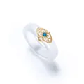 Elegante anello in agata calcedonio bianco con intarsio floreale dorato e turchese retrò - Agata Calcedonio Bianco Turchese Fibbia Doppia Ruyi