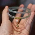 Cyan chalcedony bangle with hollow ruyi bell and pearl charm in vintage Chinese style - Sky Blue Ding Dong Bangles - Pearl Beast Bell Style