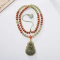 Collier Bouddha rieur avec perles en bois de santal et pendentif jade pour femmes - Barbie Sandalwood Hetian Jade Green Tara Necklace
