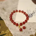 8mm red agate bead bracelet with gold accents and yellow tassel in vintage style - Red Agate Tassel Double Luck Style / 8mm / Red