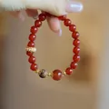 8mm red agate bracelet for women with golden charms and pearl accents on wrist - Red Agate Agarwood Acacia Bean Style / 8mm / Red