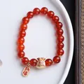 8mm red agate bead bracelet with golden blessing bag and fortune charms for women - Red Agate Lucky Bag Design Style / 8mm / Red