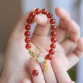 8mm red agate bead bracelet with golden Fu pendant and enamel lucky charm for women - Red Agate Nephrite Jade Blessing Style / 8mm / Red