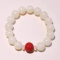 Natuurlijke 12mm witte jade bodhi armband met rode cinnaber piyao kraal voor rust - Rode Zand Pixiu Stijl