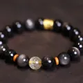 Pulsera de cuentas de obsidiana plateada natural y cuarzo rutilado con detalles oro - Obsidiana Plateada Cuarzo Rutilado Dorado