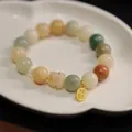 White Jade Bodhi bracelet with cat claw carving and lucky charm in colorful beads - Candy Color Bodhi Maneki-neko Fortune Bracelet / 12mm Pearl