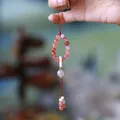 Pink chalcedony bead phone strap with white pearls and purple agate pendant - Yanyuan Agate Pearl Ring Style