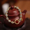 Natural Hetian jade bead bracelet with gold cloud ring and Fu character pendant - Hetian Jade Red Agate Linked Rings Style