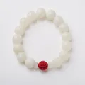 White Bodhi seed bracelet with red cinnabar Pixiu bead on minimalist white background - Pixiu Style / White Red