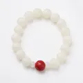 White Bodhi seed bracelet with red cinnabar bead featuring Chinese lucky carvings - Wealth Cabbage Style / White Red