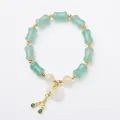 Natural green jade bamboo bead bracelet with golden fortune pendant and tassel charms - 8*12MM Green Tianshan Bamboo Money Bag Style