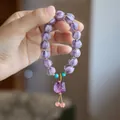 Purple glass bead bracelet with carved pumpkin pattern and traditional lion pendant - Twilight Purple Lion Dance Glazed Glass Bracelet (Fluorite)