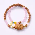 Elegant double-layer wood and rose quartz bead bracelet with golden fortune pendant charm - Sandalwood Rose Quartz Tara Style