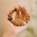 Primer plano de pulsera de cuentas Rudraksha con dije tibetano sostenida en la mano - Pulsera de Estilo Tibetano / Patrón de Dragón Rudraksha (MNSL16-01)