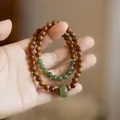 Double-layer Kuka Bodhi and Hetian jade bead bracelet with antique engraved cylinder - Kuka Bodhi Double Loop Jade Style