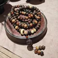 Weathered White Bodhi Root Mala wrap bracelet with Dzi bead and Buddha hand charm - Dunhuang Wentian Bodhi Necklace Style