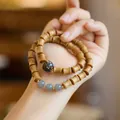 Double-wrap bamboo-shaped wooden bead bracelet with cloisonné and grey jadeite stones - Lacquer Purple Jade Style