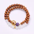 Double-wrap sandalwood and jade bead bracelet with vintage gold ring and purple accents - Lacquer Purple Style