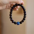 Natural red sandalwood bracelet with a purple lacquer bead and dark wood barrel beads - Straight Cut Blue Lacquer Bead Sandalwood