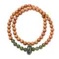 Double-loop sandalwood and jade bead bracelet featuring a central green jade ring pendant - Emerald Green Jade Style