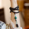 Natural Lobular Red Sandalwood 108 beads multi-layer bracelet with vintage pendants - 6mm 108 Beads / Dark Reddish Brown - Green Lacquer Bead Style