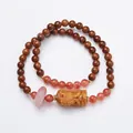 Ethnic sandalwood bracelet with nephrite jade beads and hand-carved mythical beast pendant - Kuka Bodhi Red Agate Style
