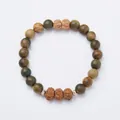 Pulsera original de cuentas de madera y Rudraksha con cuarzo ahumado y ágata - Semilla de Fruta de la Pasión de Sándalo Verde (MNSL16-01)