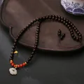 Natural 6mm sandalwood necklace with Nephrite Jade Ruyi pendant and red beads accent - Red Sandalwood Nephrite Jade Ruyi Lock Multi-Layer Style / 6mm / Dark Reddish Brown