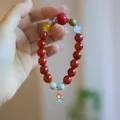 Bracelet en agate dragon avec perles rouges et pendentif Fu doré à la main - Style Bracelet Amulette de la Paix