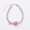 Purple freshwater pearl bracelet with pink crystal lion carving and S925 silver clasp - Purple Freshwater Pearl Fluorite Lion Bracelet