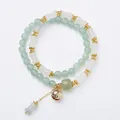 Double-layer natural green jade bead bracelet with bamboo shapes and gold bell charm - Tianshan Green Aventurine Double Loop Bamboo Bracelet