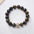 Natural yellow blue tiger eye stone bracelet with engraved mantra metal bead for women - 12mm Yellow Blue Tiger's Eye Six-Character Mantra