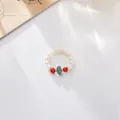 Detail of freshwater pearl ring with blue jade and red beads in vintage ethnic style - Thousand Li River Mountain Blue Jadeite Pearl Style