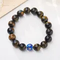Natural tiger eye beaded bracelet featuring a blue mani stone with golden mantras - Six-Word Mantra Style 4 (Yellow Blue Tiger Eye)