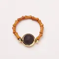 Bamboo style sandalwood ring with brown beads and golden metal base in ethnic retro style - Round Style / Brown