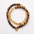 Tiger eye and citrine beaded bracelet set with gold metal coin charms in retro style - Jinshan Chunxiao (Tiger Eye + Citrine Twin Pack)
